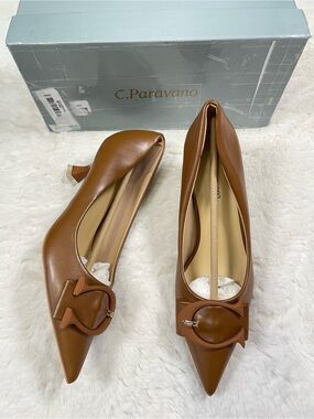 C. Paravano Tan Leather Pointed Toe Heels